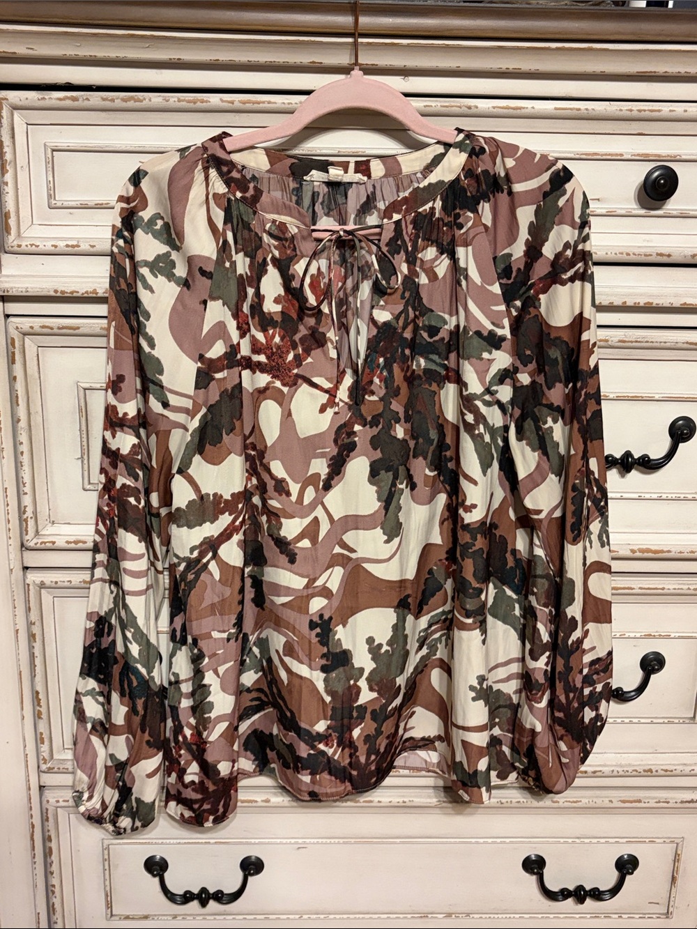 Relaxed Tie-Neck Blouse in Taupe & Olive Camo Print